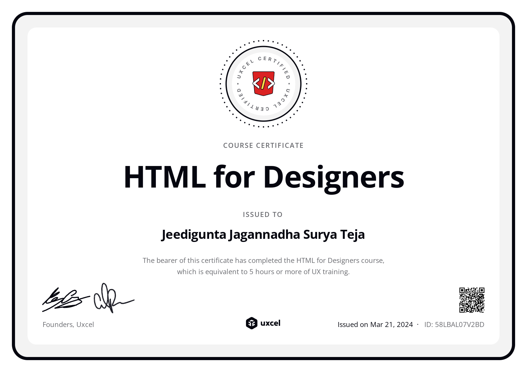 Jeedigunta Jagannadha Surya Teja's certificate